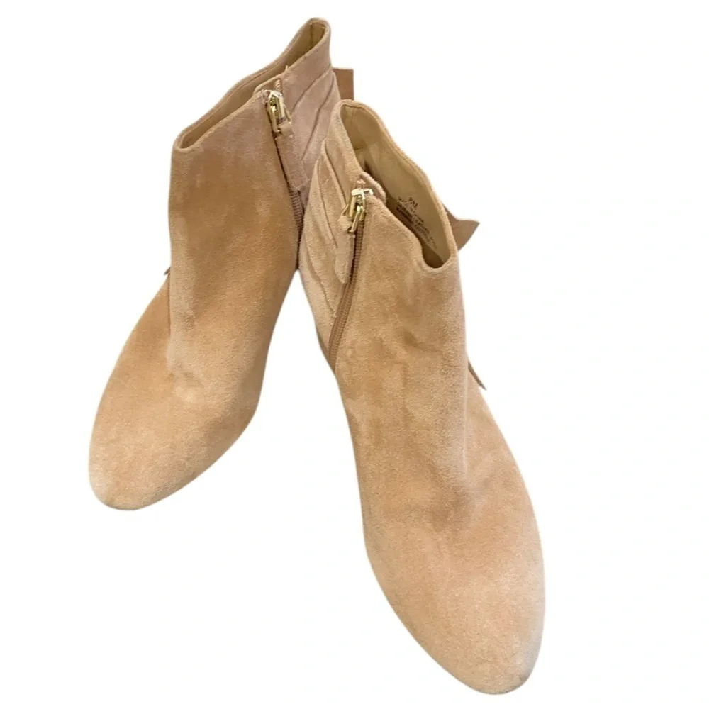 Talbots 100% leather suede ankle tan zip up booties folded bow round toe size 6